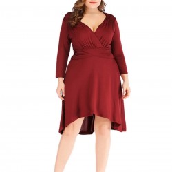 Plus Size  Solid Pleated Long Sleeved Dress