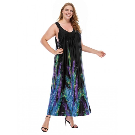 Plus Size  Bohemian Feather Print Shift Dress