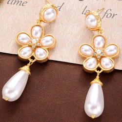 White Flower Pearl Dangle Earrings