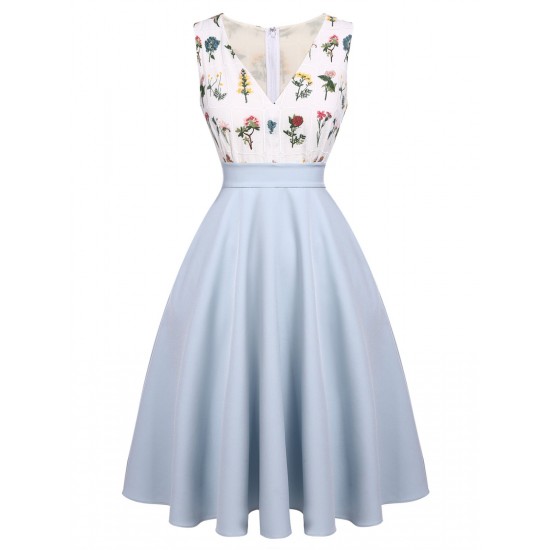 Blue  Embroidery Pockets Swing Dress