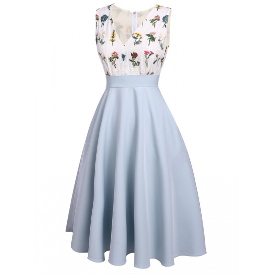 Blue  Embroidery Pockets Swing Dress