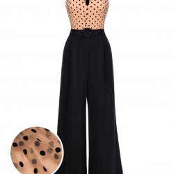 Black  Polka Dot Patchwork Belt Jumpsuit