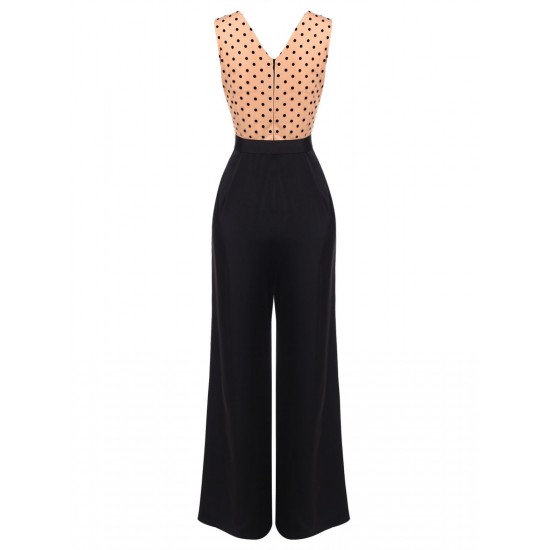 Black  Polka Dot Patchwork Belt Jumpsuit