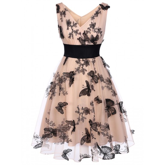 Nude  Lace Butterfly Swing Vintage Dress