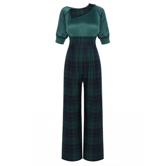 Pre-Sale Green  Plaid Patchwork Puff Jumpsuit