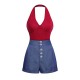 2PCS Red  Bodysuit & Denim Blue Buttons Shorts