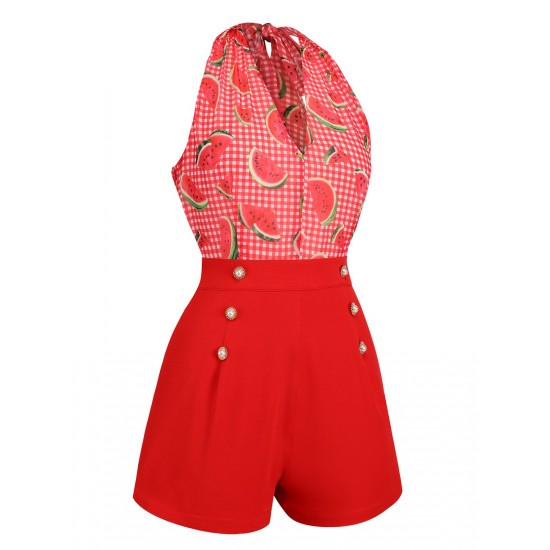 Watermelon Red  Halter Patchwork Romper