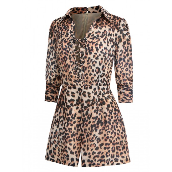 2PCS  Leopard Lapel Romper & Khaki Skirt