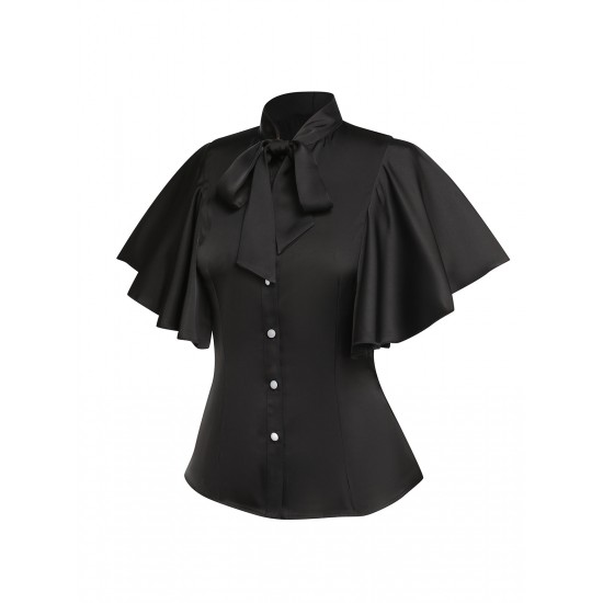 2PCS  Black Solid Blouse & Suspender Skirt