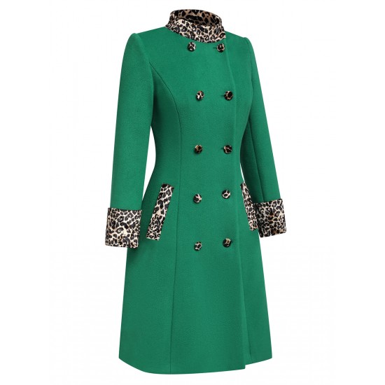 Green Leopard Patchwork Button Coat