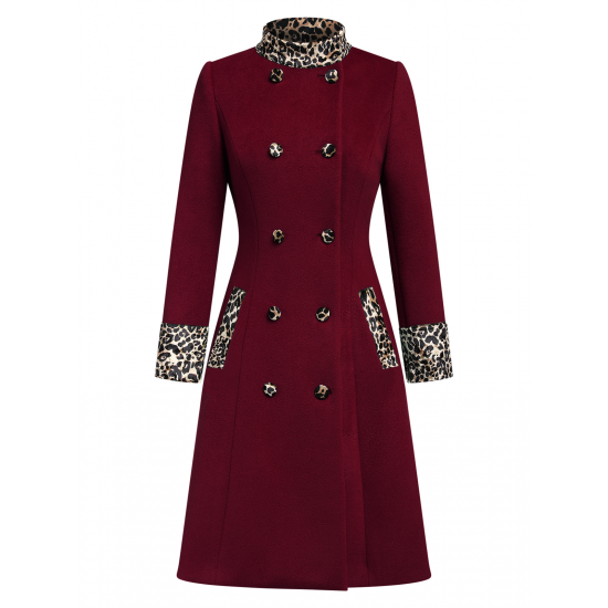 Wine Red  Leopard Patchwork Button Coat