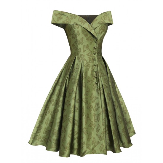 Green  Off-Shoulder Vintage Dress