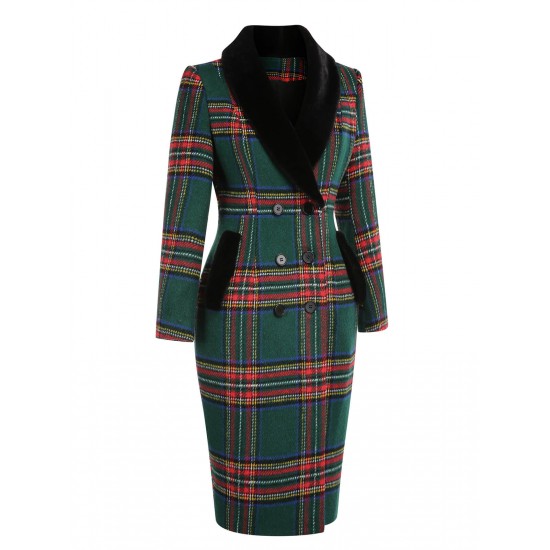 Green  Plaid Fur Collar Pencil Coat