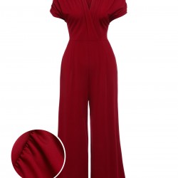 Wine Red  V-neck Solid Wrap Jumpsuit