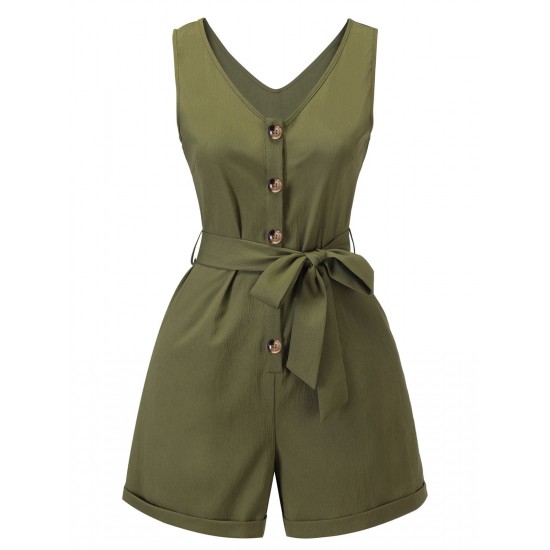 Army Green  V-Neck Button Waist Tie Romper