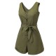 Army Green  V-Neck Button Waist Tie Romper