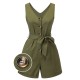 Army Green  V-Neck Button Waist Tie Romper