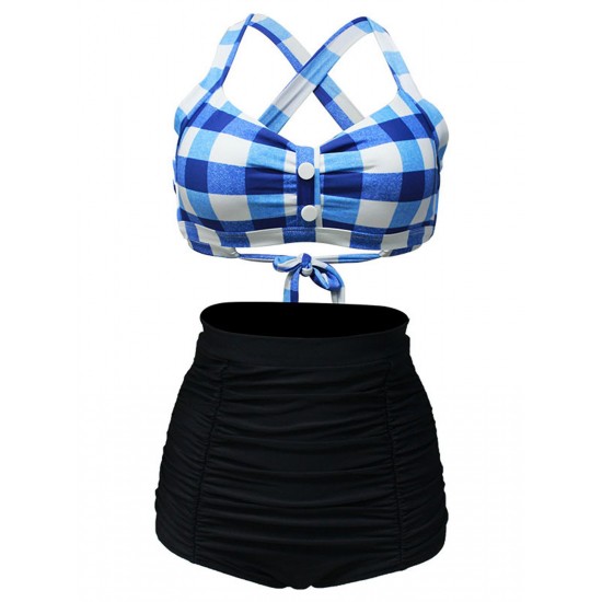  Plaid Criss Cross Pleated Bikini