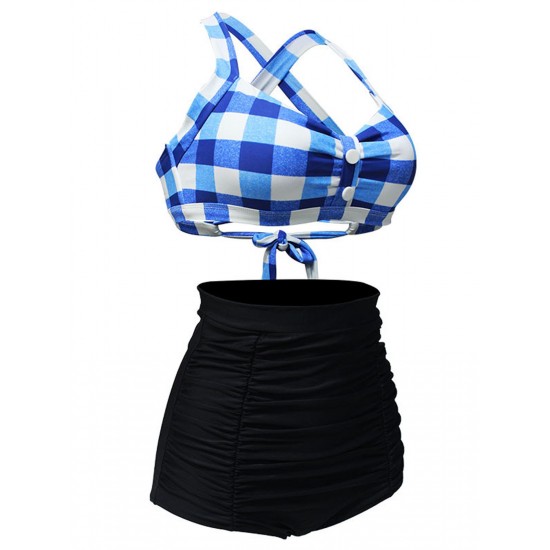  Plaid Criss Cross Pleated Bikini