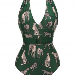 Green  Jaguar Vintage Halter One-piece Swimsuit