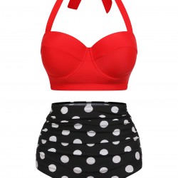 2PCS Red  Dots Halter Swimsuit