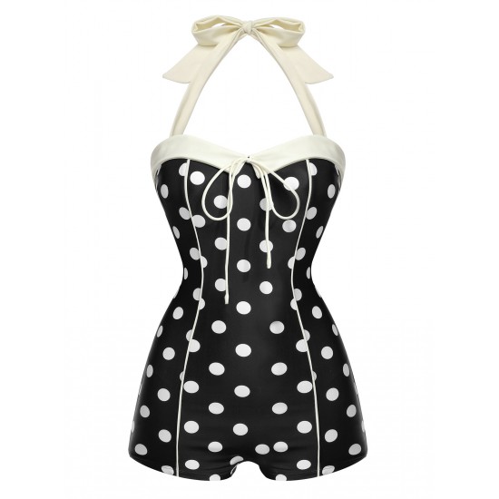 Black  Polka Dots Halter Swimsuit