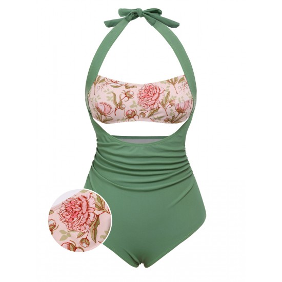 Green  Peony Halter One-Piece Swimsuit