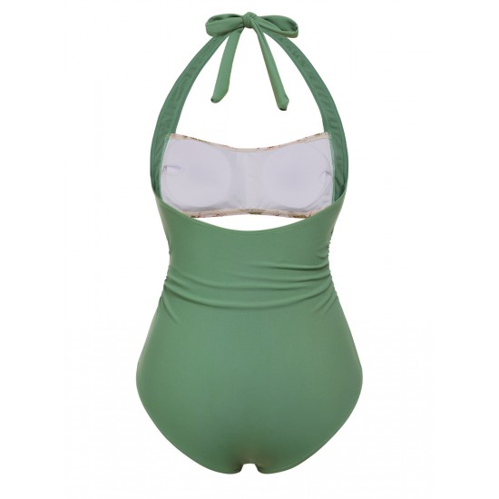 Green  Peony Halter One-Piece Swimsuit