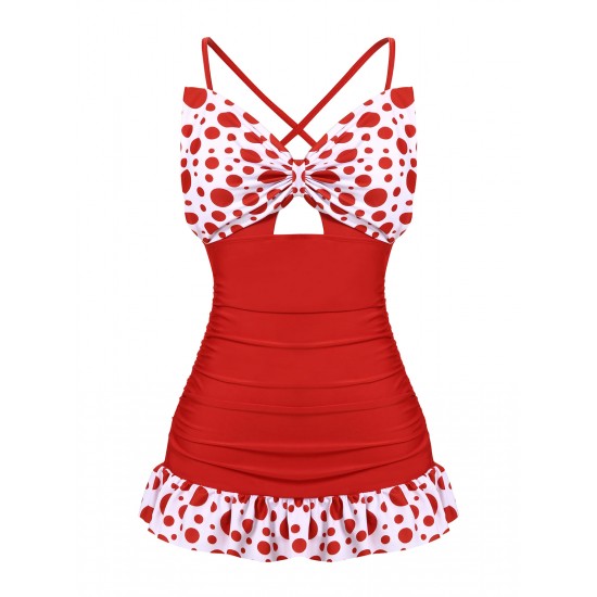  Polka Dot Bowknot Patchwork Swimsuit