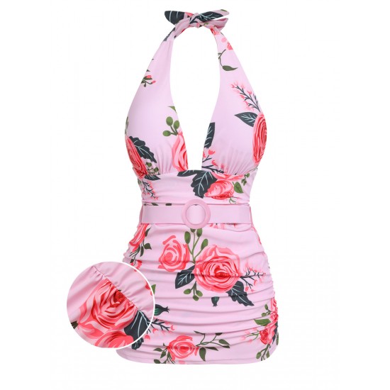 Pink  Roses Halter Belt Swimsuit