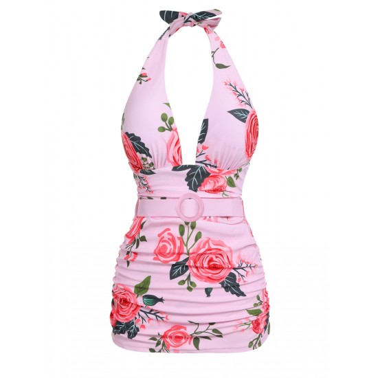 Pink  Roses Halter Belt Swimsuit