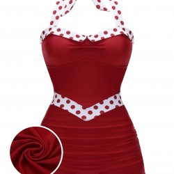 Red  Halter Patchwork One-piece Swimsuit