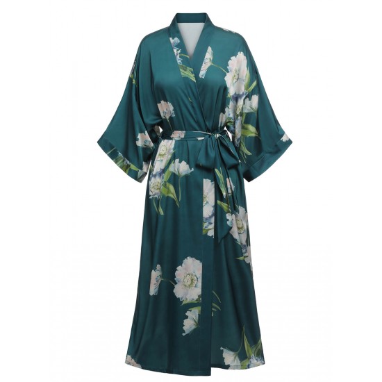 Dark Green  Floral Satin Robe