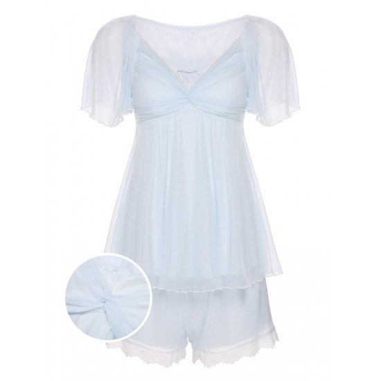 2PCS Light Blue  Knot Lace Sleepwear