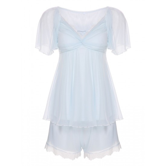 2PCS Light Blue  Knot Lace Sleepwear